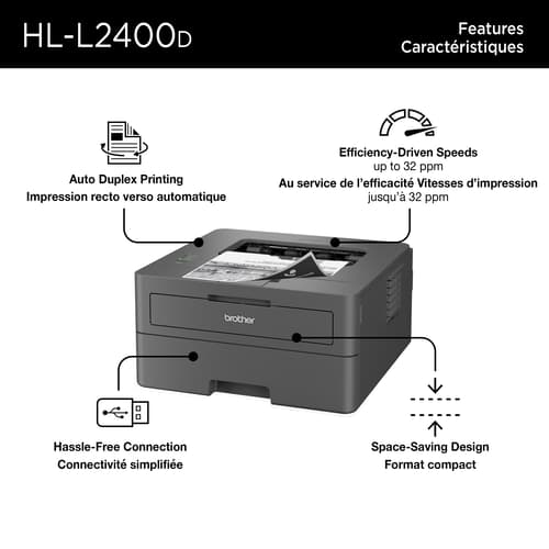 Brother HL-L2400D Imprimante laser monochrome avec cartouche de toner de 700 pages pour bureaux à domicile