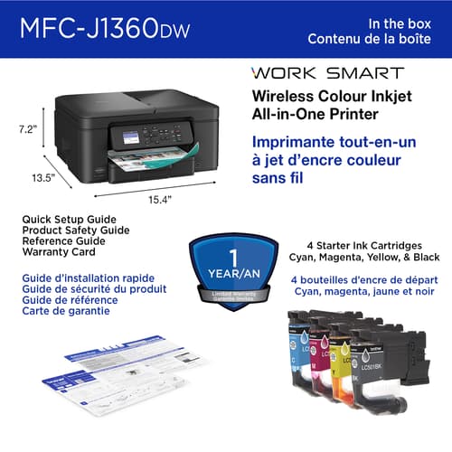 Brother MFC-J1360DW Imprimante tout-en-un à jet d’encre couleur sans fil Work Smart avec impression recto verso automatique et écran couleur de 1,8 po