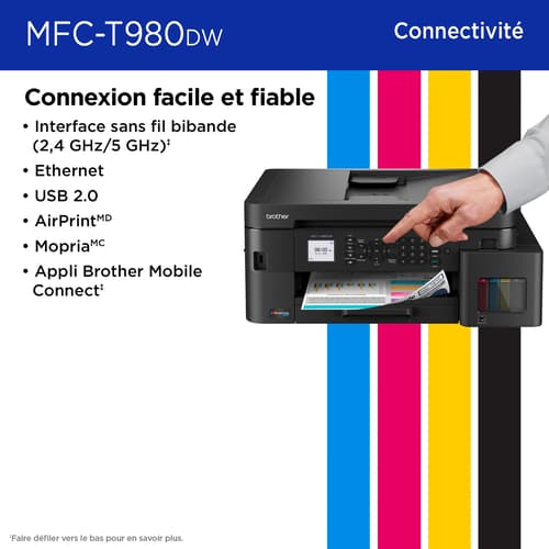 Brother MFC-T980DW Imprimante tout-en-un à jet d’encre couleur sans fil et Ethernet INKvestment Tank avec bac multi-usage