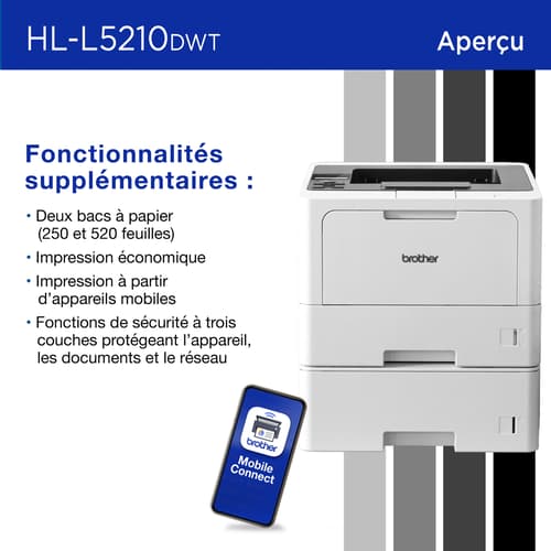 Brother HL-L5210DWT Imprimante laser monochrome professionnelle avec 2 bacs à papier, réseautage sans fil et impression recto verso