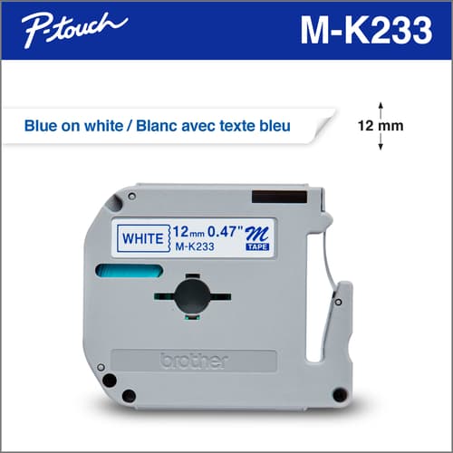 Brother MK233 Ruban non laminé blanc avec texte bleu authentique pour étiqueteuses P-touch, 12 mm de largeur x 8 m de longueur