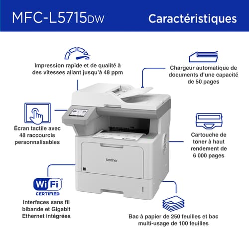 Brother MFC-L5715DW Imprimante tout-en-un laser monochrome professionnelle et performante avec réseautage sans fil et impression, numérisation et copie recto verso