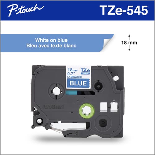 Brother TZe545G Ruban laminé bleu avec texte blanc authentique pour étiqueteuses P-touch, 18 mm de largeur x 8 m de longueur