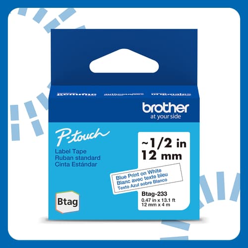 Brother BTAG233 Ruban non laminé blanc avec texte bleu authentique pour étiqueteuse P-touch, 12 mm (L) x 4 m (l)