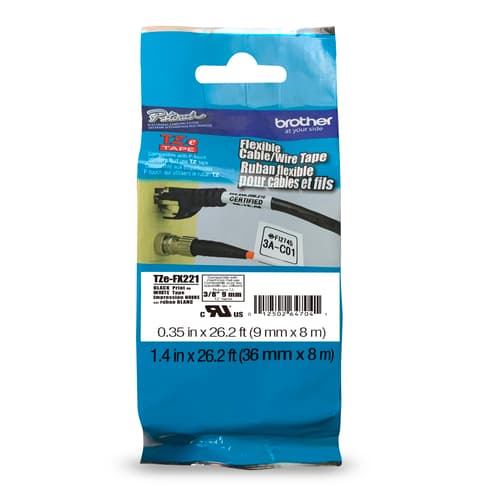 Brother TZe-FX221 Ruban d'identification flexible et laminé blanc avec texte noir pour étiqueteuses P-touch, 9 mm x 8 m