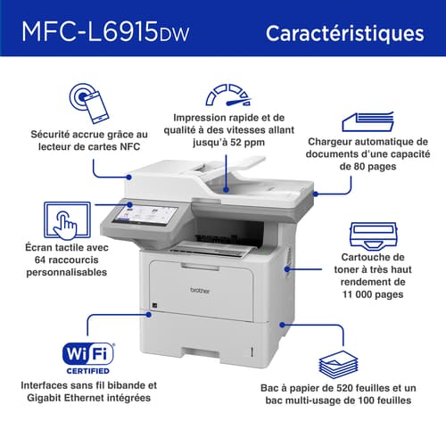 Brother MFC-L6915DW Imprimante tout-en-un laser monochrome Entreprise offrant un faible coût de possession, des fonctions de sécurité avancées et une grande capacité papier