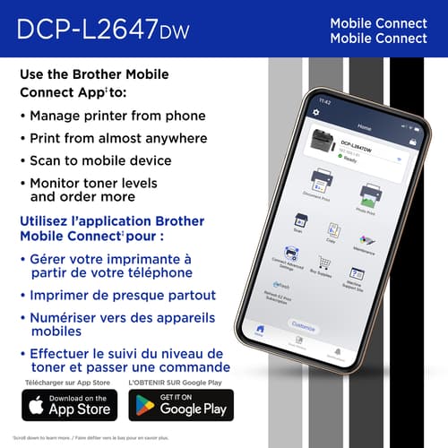 Brother DCP-L2647DW Imprimante multifonction laser monochrome compacte sans fil avec fonctions d’impression, de copie et de numérisation recto verso et impression à partir d’appareils mobiles