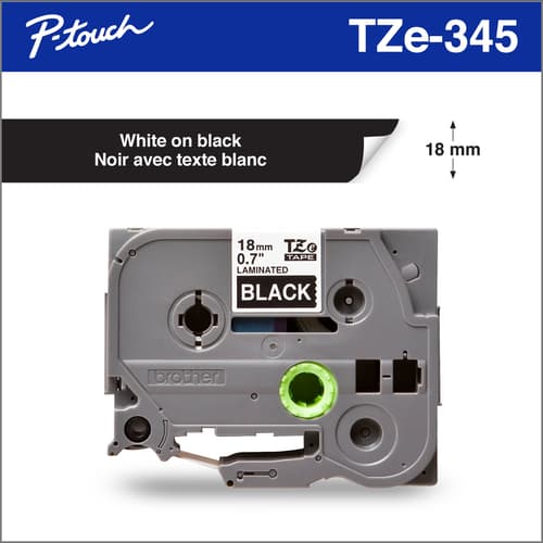 Brother TZe345 Ruban laminé noir avec texte blanc authentique pour étiqueteuses P-touch, 18 mm de largeur x 8 m de longueur