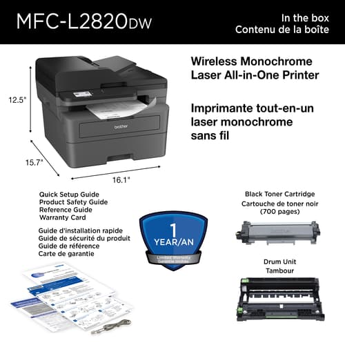 Brother MFC-L2820DW Imprimante tout-en-un laser monochrome professionnelle compatible avec l’Abonnement Refresh, avec impression, copie et numérisation mobiles et cartouche de 700 pages