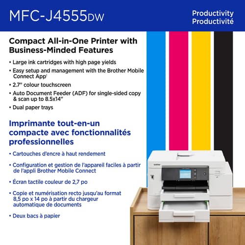 Brother MFC-J4555DW Imprimante tout-en-un à jet d’encre couleur sans fil INKvestment Tank avec écran couleur de 2,7 po et bacs à papier