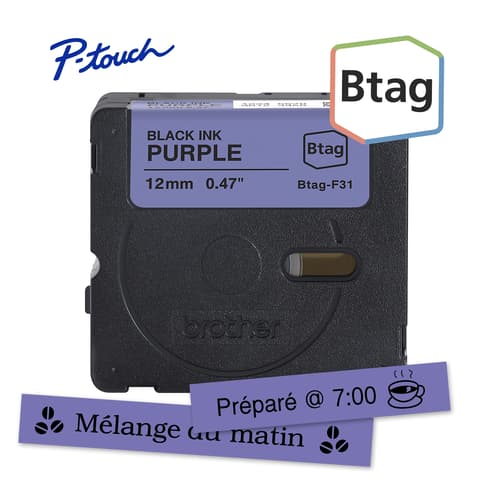 Brother BTAGF31 Ruban non laminé violet avec texte noir authentique pour étiqueteuse P-touch, 12 mm (L) x 4 m (l)