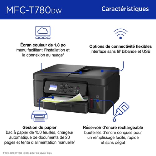 Brother MFC-T780DW Imprimante tout-en-un à jet d’encre couleur sans fil INKvestment Tank avec impression recto vers et 3 ans d’encre