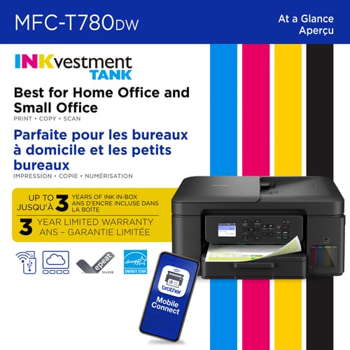 Brother MFC-T780DW Imprimante tout-en-un à jet d’encre couleur sans fil INKvestment Tank avec impression recto vers et 3 ans d’encre