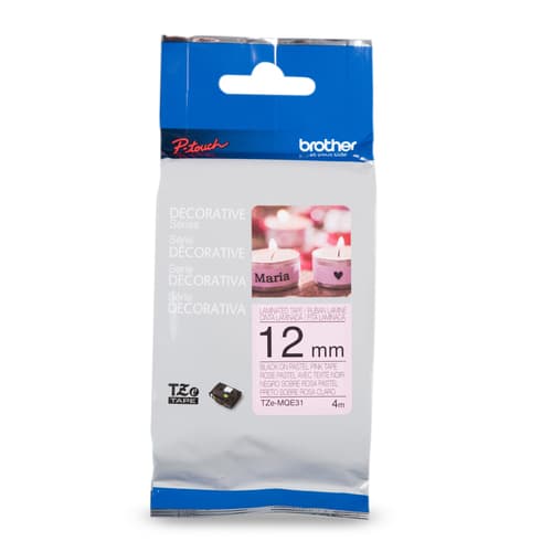 Brother TZEMQE31 Ruban rose pastel avec texte noir authentique pour étiqueteuses P-touch, 12 mm de largeur x 5 m de longueur