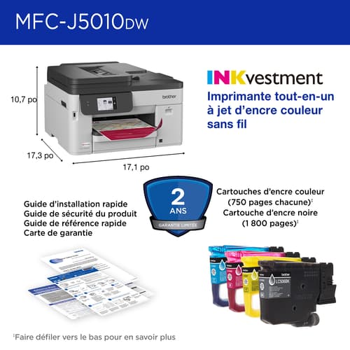 Brother MFC-J5010DW Imprimante tout-en-un à jet d’encre couleur sans fil INKvestment avec impression et numérisation recto verso et écran tactile couleur de 2,7 po