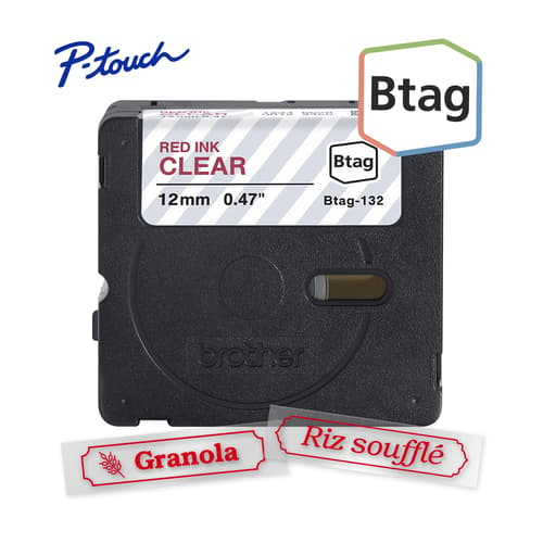 Brother BTAG132 Ruban non laminé transparent avec texte rouge authentique pour étiqueteuse P-touch, 12 mm (L) x 4 m (l)