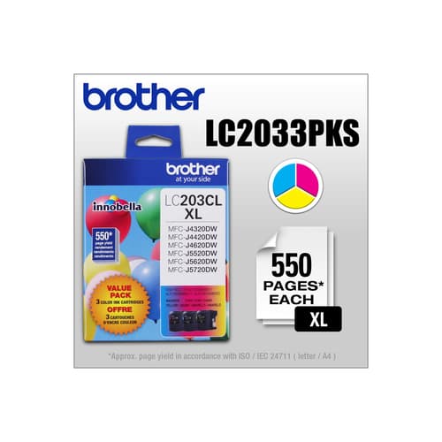 Brother LC2033PKS Ensemble de trois cartouches d'encre couleur Innobella  (1 de chaque couleur : cyan, magenta et jaune) à haut rendement (série XL)