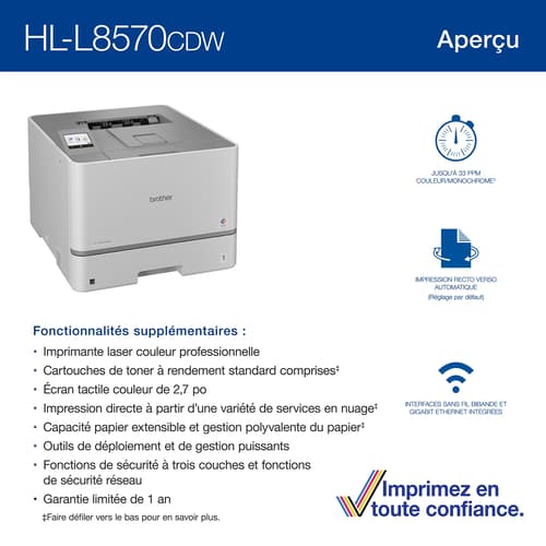 Brother HL-L8570CDW Imprimante laser couleur professionnelle avec fonctions de sécurité avancées et faible coût total de possession