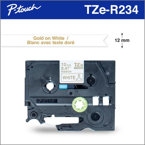 Brother TZER234 Ruban décoratif satiné blanc avec texte doré authentique pour étiqueteuses P-touch, 12 mm de largeur x 4 m de longueur