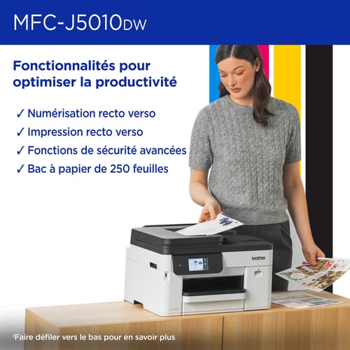 Brother MFC-J5010DW Imprimante tout-en-un à jet d’encre couleur sans fil INKvestment avec impression et numérisation recto verso et écran tactile couleur de 2,7 po