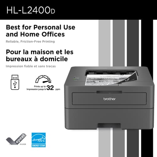 Brother HL-L2400D Imprimante laser monochrome avec cartouche de toner de 700 pages pour bureaux à domicile