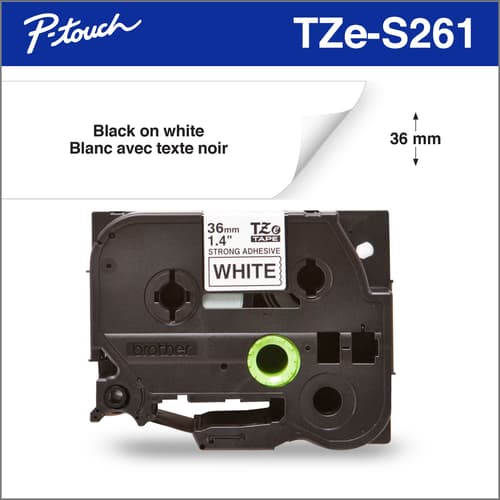 Brother TZe-S261 Ruban adhésif très résistant blanc avec texte noir authentique pour étiqueteuses P-touch, 36 mm de largeur x 8 m de longueur