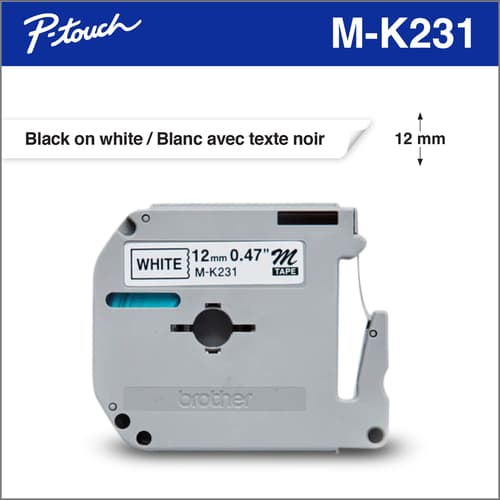 Brother MK231 Ruban non laminé blanc avec texte noir authentique pour étiqueteuses P-touch, 12 mm de largeur x 8 m de longueur