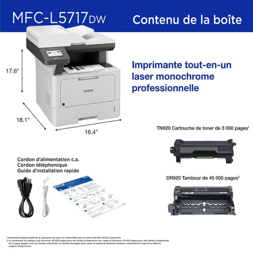 Brother MFC-L5717DW Imprimante tout-en-un laser monochrome professionnelle avec réseautage sans fil et impression, numérisation et copie recto verso