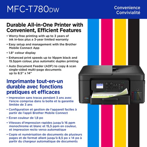 Brother MFC-T780DW Imprimante tout-en-un à jet d’encre couleur sans fil INKvestment Tank avec impression recto vers et 3 ans d’encre