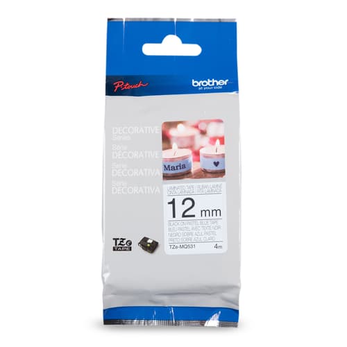 Brother TZeMQ531 Ruban bleu pastel avec texte noir authentique pour étiqueteuses P-touch, 12 mm de largeur x 5 m de longueur