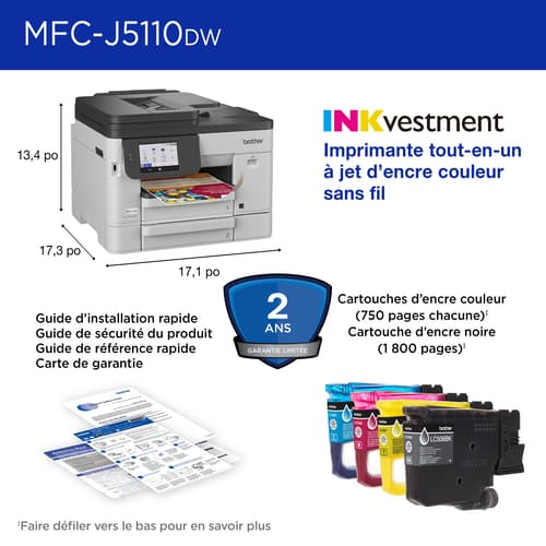 Brother MFC-J5110DW Imprimante tout-en-un à jet d’encre couleur sans fil INKvestment avec bac à papier de 500 feuilles et écran tactile couleur de 4,3 po