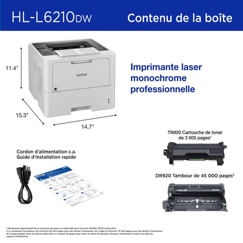 Brother HL-L6210DW Imprimante laser monochrome professionnelle avec 2 bacs à papier, réseautage sans fil et impression recto verso
