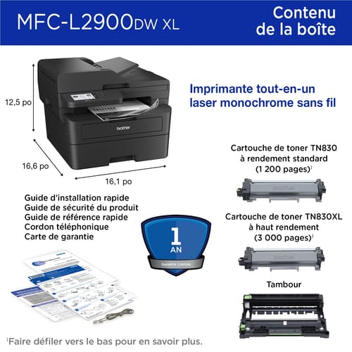 Brother MFC-L2900DWXL Imprimante tout-en-un laser monochrome sans fil compacte avec fonctions de copie, de numérisation et de télécopie recto verso en un seul passage, impression mobile et cartouche de toner de 4200 pages(1) incluse