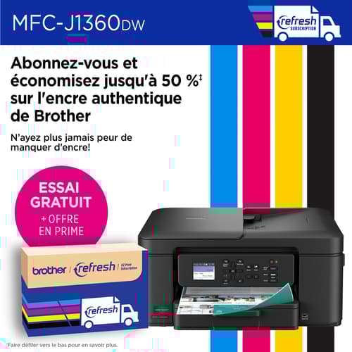 Brother MFC-J1360DW Imprimante tout-en-un à jet d’encre couleur sans fil Work Smart avec impression recto verso automatique et écran couleur de 1,8 po