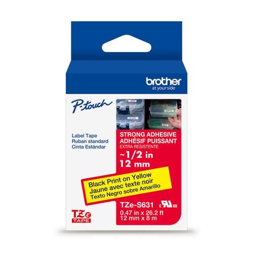 Brother TZe-S631G Ruban adhésif très résistant jaune avec texte noir authentique pour étiqueteuses P-touch, 12 mm de largeur x 8 m de longueur