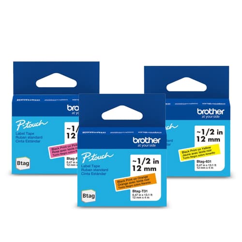 Ensemble de 3 rubans non laminés de la série BTAG pour étiqueteuses P-Touch authentique de Brother de la collection Lever de soleil (rose avec texte noir, orange avec texte noir, jaune avec texte noir), 12 mm (L) x 4 m de (l)