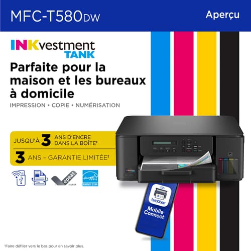 Brother MFC-T580DW Imprimante tout-en-un à jet d’encre couleur sans fil INKvestment Tank assortie de 3 ans d’encre
