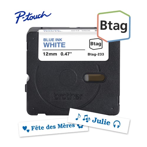 Brother BTAG233 Ruban non laminé blanc avec texte bleu authentique pour étiqueteuse P-touch, 12 mm (L) x 4 m (l)