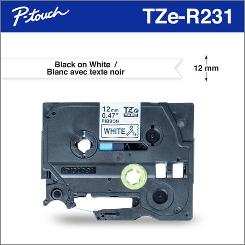 Brother TZER231 Ruban décoratif satiné blanc avec texte noir authentique pour étiqueteuses P-touch, 12 mm de largeur x 4 m de longueur