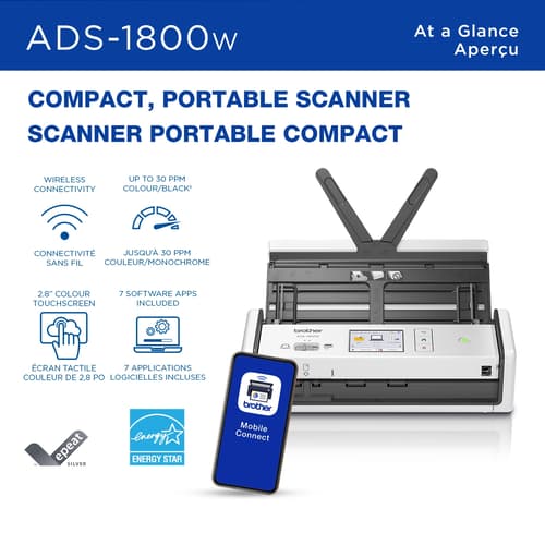 Brother ADS-1800W Scanner de bureau compact sans fil avec écran tactile couleur