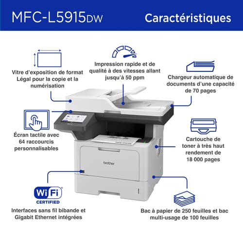 Brother MFC-L5915DW Imprimante tout-en-un laser monochrome professionnelle offrant un faible coût d’impression, avec réseautage sans fil, impression, numérisation et copie recto verso