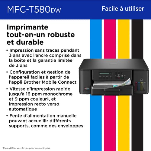 Brother MFC-T580DW Imprimante tout-en-un à jet d’encre couleur sans fil INKvestment Tank assortie de 3 ans d’encre