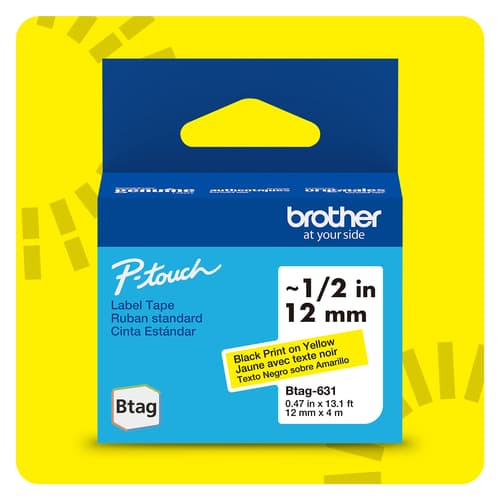 Brother BTAG631 Ruban non laminé jaune avec texte noir authentique pour étiqueteuse P-touch, 12 mm (L) x 4 m (l)