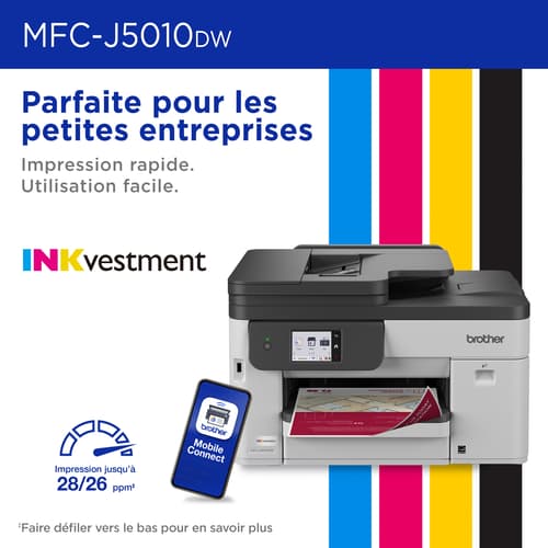 Brother MFC-J5010DW Imprimante tout-en-un à jet d’encre couleur sans fil INKvestment avec impression et numérisation recto verso et écran tactile couleur de 2,7 po
