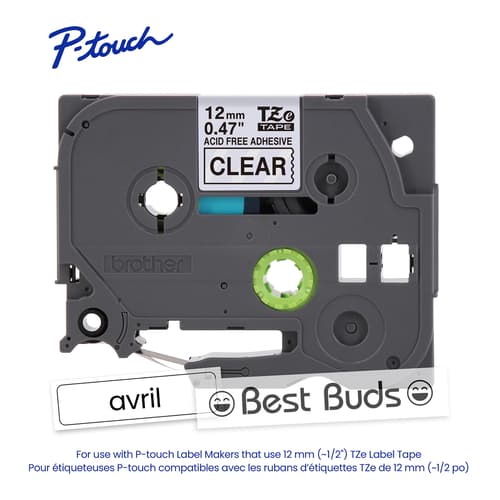 Brother TZe-AF131G Ruban sans acide transparent avec texte noir authentique pour étiqueteuse P-touch, 12 mm (L) x 8 m (l)