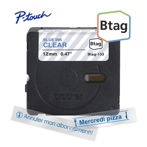 Brother BTAG133 Ruban non laminé transparent avec texte bleu authentique pour étiqueteuse P-touch, 12 mm (L) x 4 m (l)