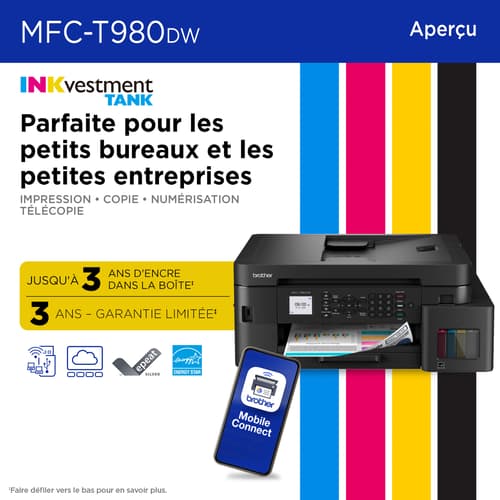 Brother MFC-T980DW Imprimante tout-en-un à jet d’encre couleur sans fil et Ethernet INKvestment Tank avec bac multi-usage