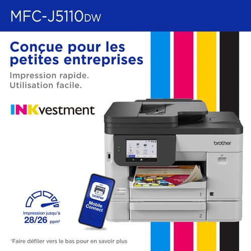 Brother MFC-J5110DW Imprimante tout-en-un à jet d’encre couleur sans fil INKvestment avec bac à papier de 500 feuilles et écran tactile couleur de 4,3 po