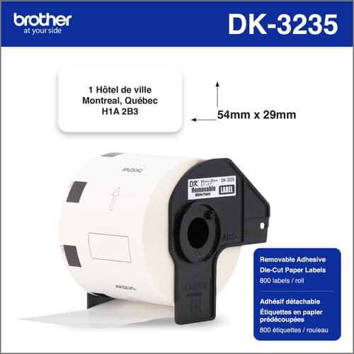 Brother DK3235 Étiquettes adhésives amovibles blanches avec texte noir pour la salubrité alimentaire (800 étiquettes) - 2,1 po x 1,1 po (54 mm x 29 mm)