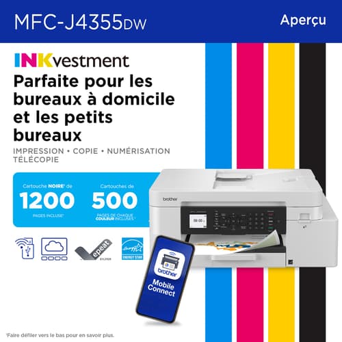 Brother MFC-J4355DW Imprimante tout-en-un à jet d’encre couleur sans fil INKvestment avec écran couleur de 1,8 po et fente d’alimentation manuelle